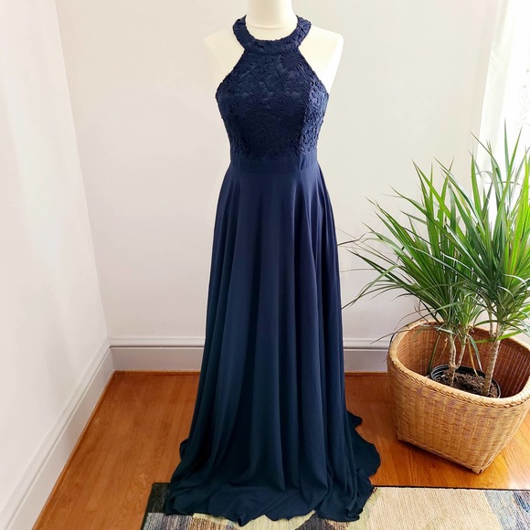 Lulu's Women Medium Picture Perfect Formal Gown Dress Navy Blue Lace Bodice Slit - Picture 1 of 11